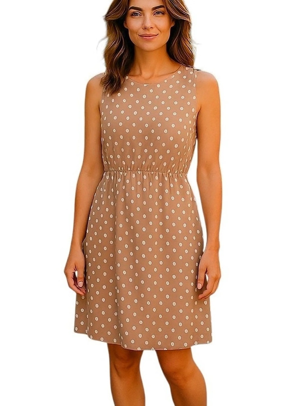 J. Crew Tan and White Polka Dot Sleeveless Dress